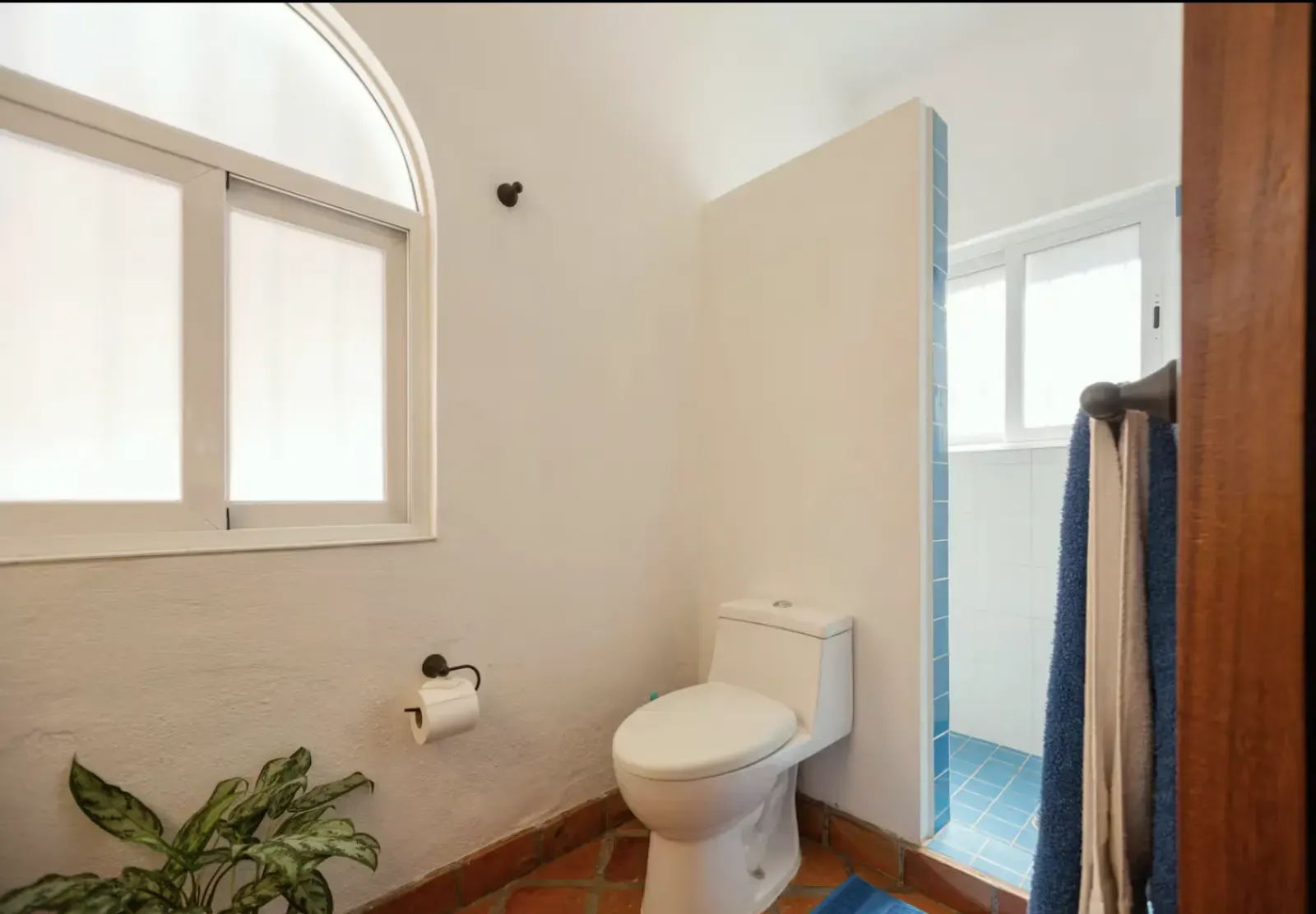 Bathroom with blue tile shower