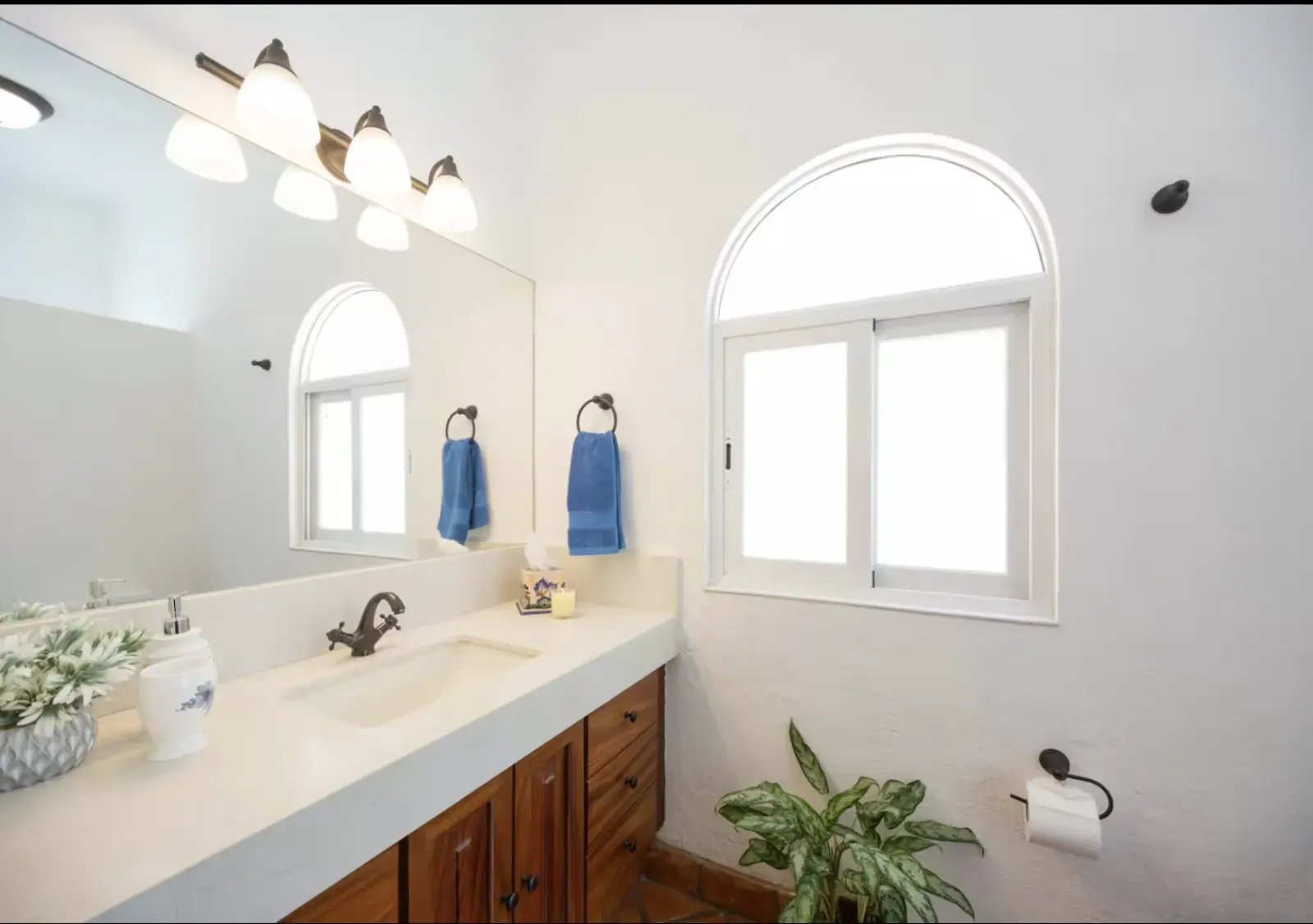 Bathroom with wide vanity and arched window