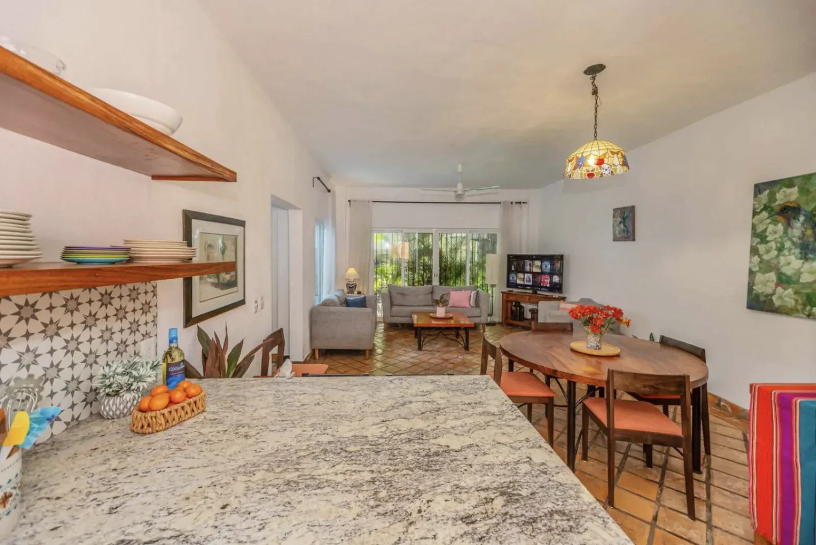 View from kitchen toward living and dining area