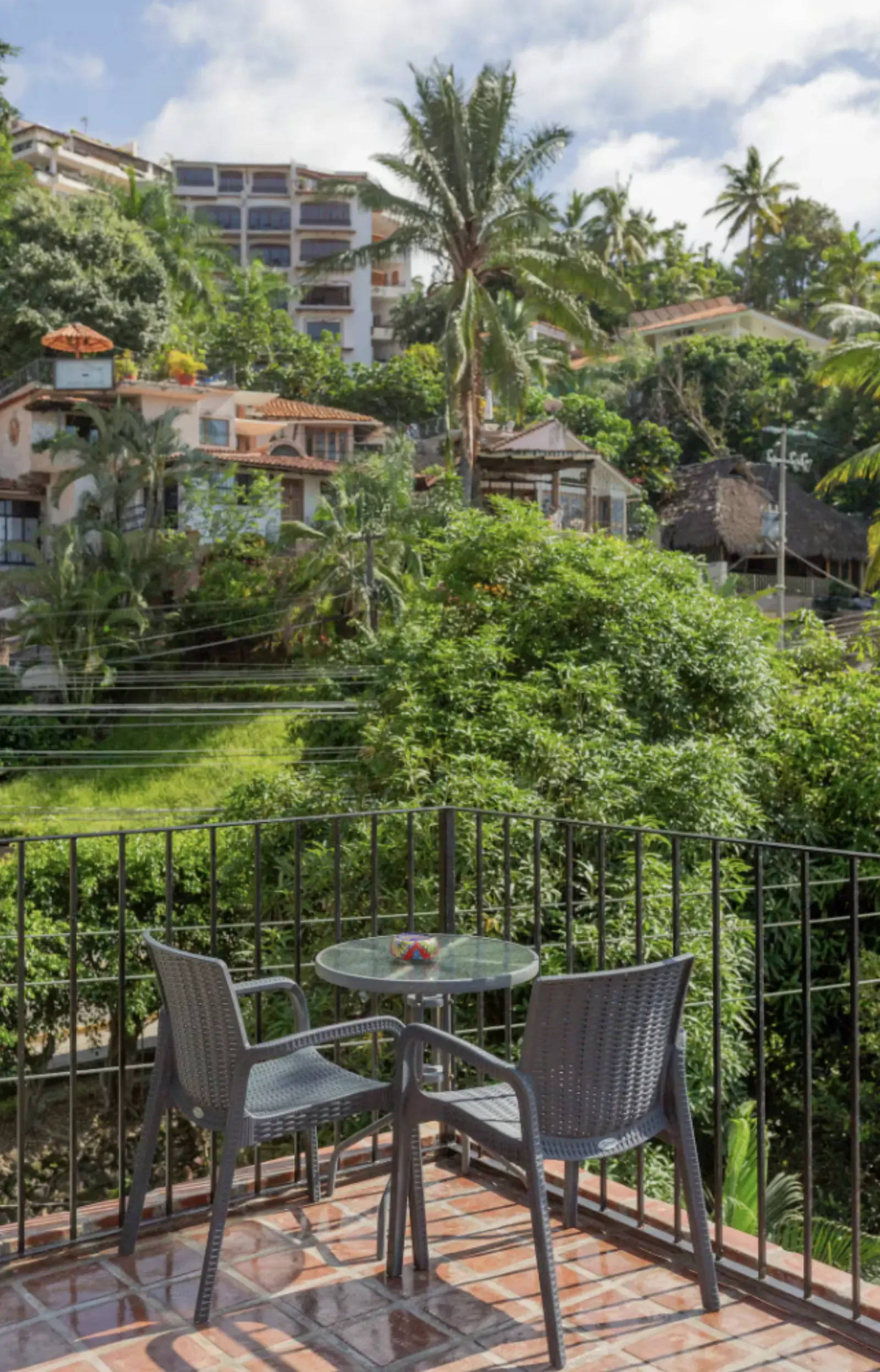 Private terrace with table and tropical view